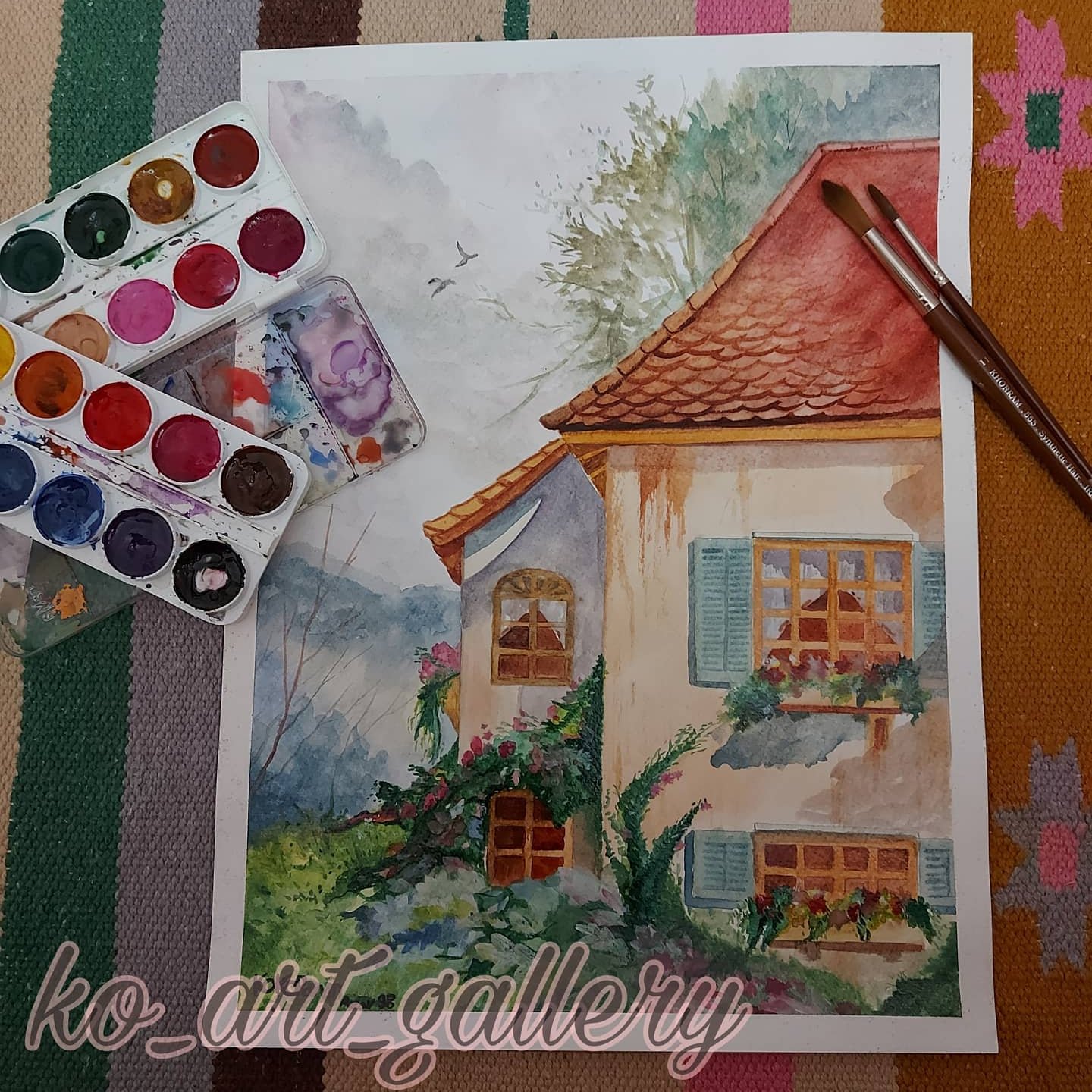 نقاشی آبرنگ طرح کلبه