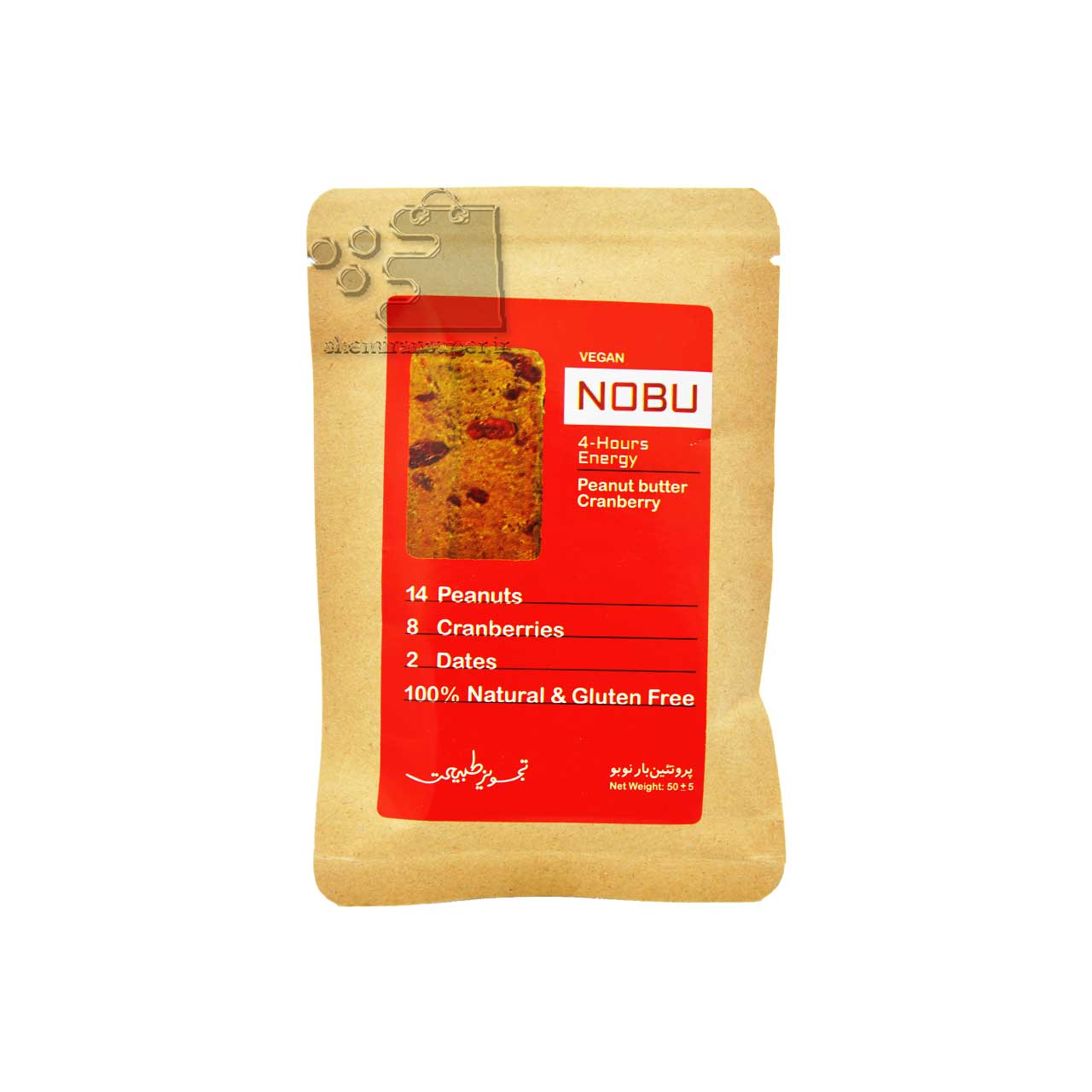 انرژی بار کره بادام زمینی و کرنبری بدون شکر 50 گرم نوبو - nobu
