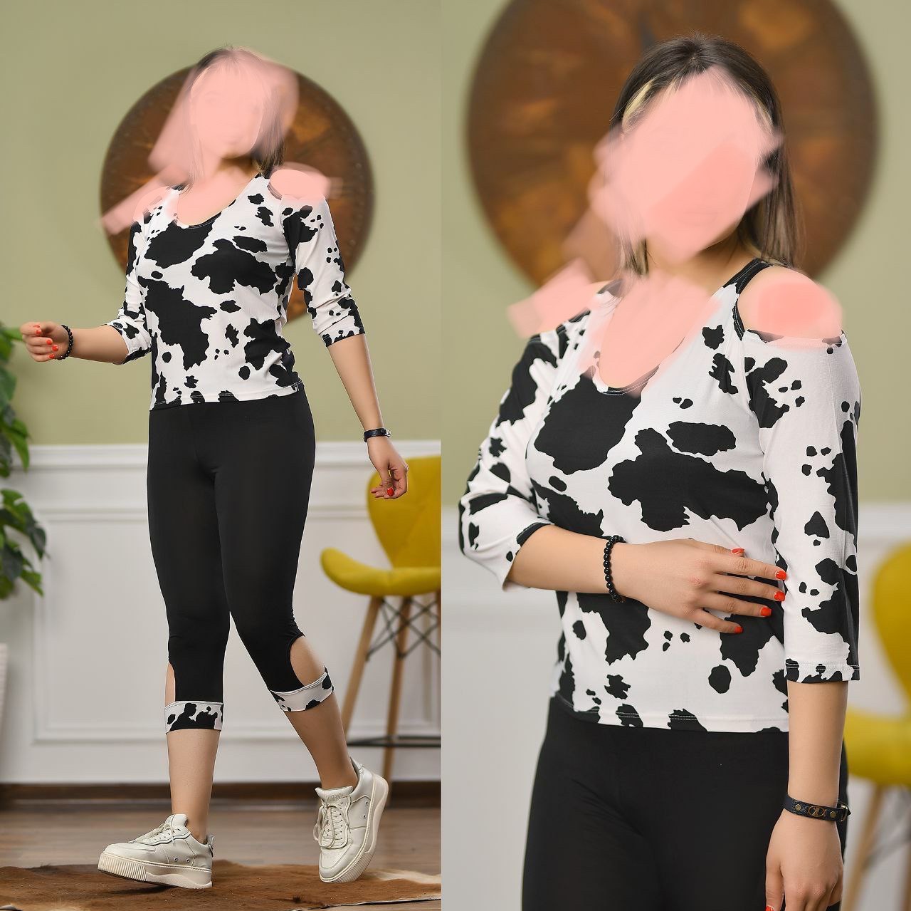 ست تیشرت و شلوارک زنانه  سرشونه باز ویسکوز فلامنت فول کش طرح گاوی و فری سایز
