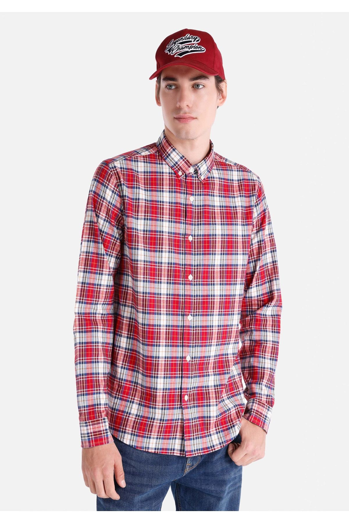 پیراهن / بلوز دکمه دار قرمز مردانه آستین بلند Slim Fit Square Colin’s