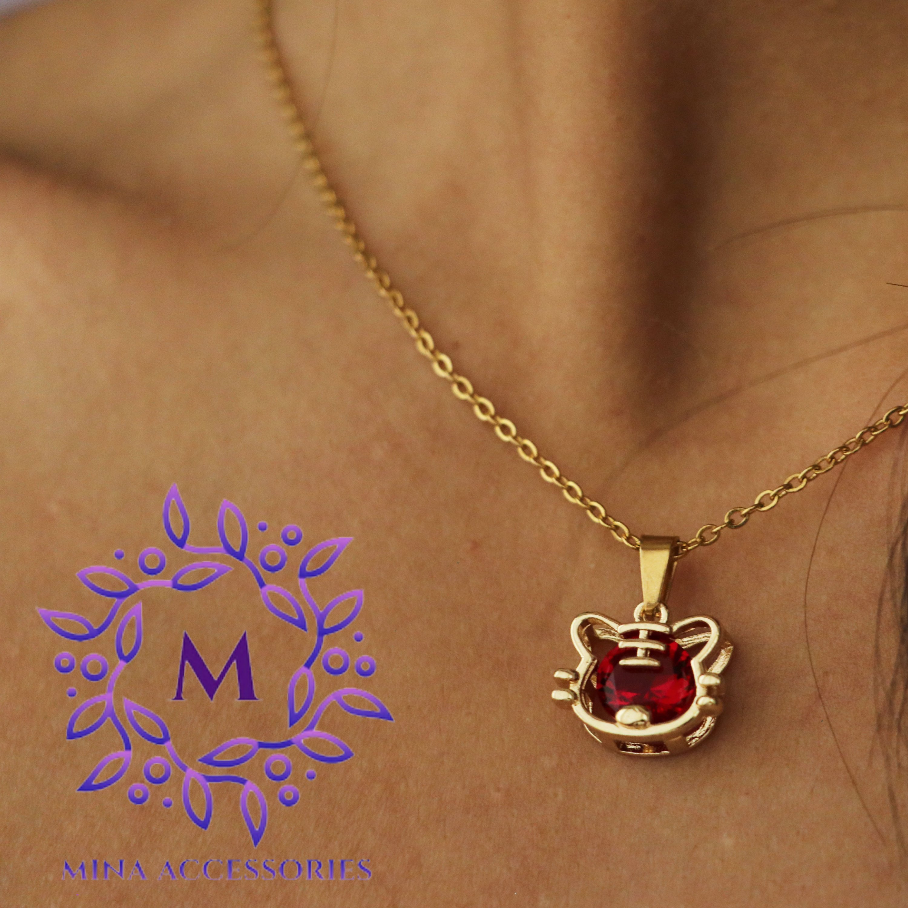 گردنبند کریستال گربه ای استیل طلایی