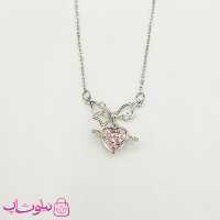 گردنبند دخترانه قلب زحل پروانه نقره ای با سنگ صورتی کد 1088