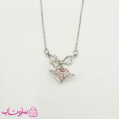 گردنبند دخترانه قلب زحل پروانه نقره ای با سنگ صورتی کد 1088