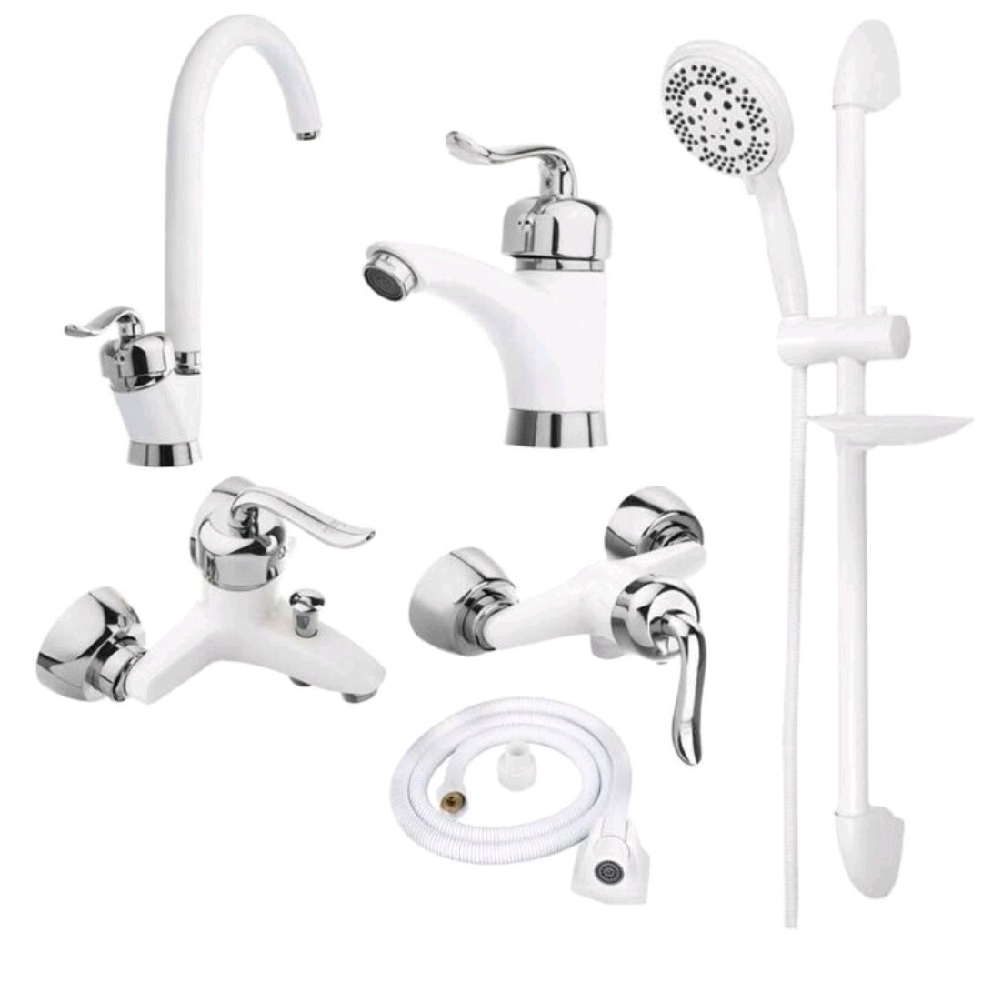 ست شیرالات ساختمان رنگ سفید کروم بهمراه علم دوش سفید و شلنگ سفید جنس درجه 1 و استاندارد و نشان کیفیت ایزو 9001