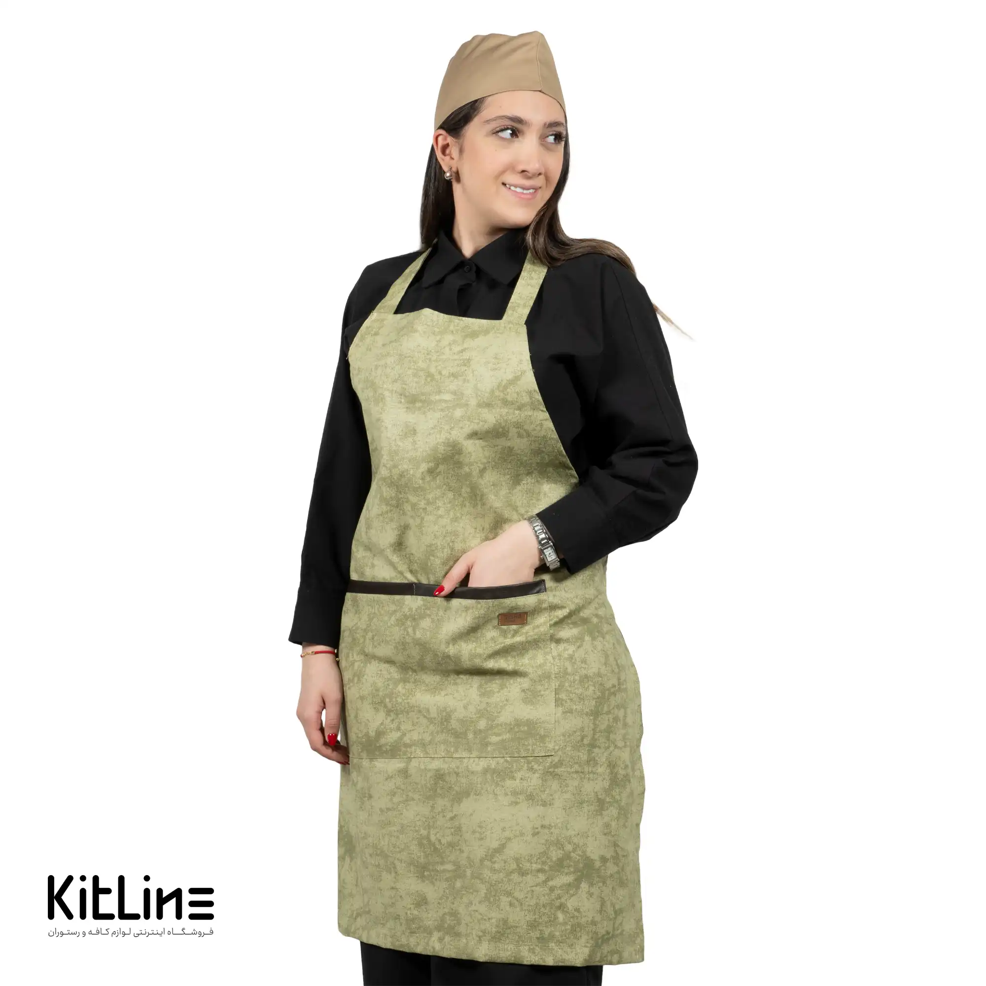پیشبند کتان داک سبز ابرو بادی جیب لبه چرم سارا فرم