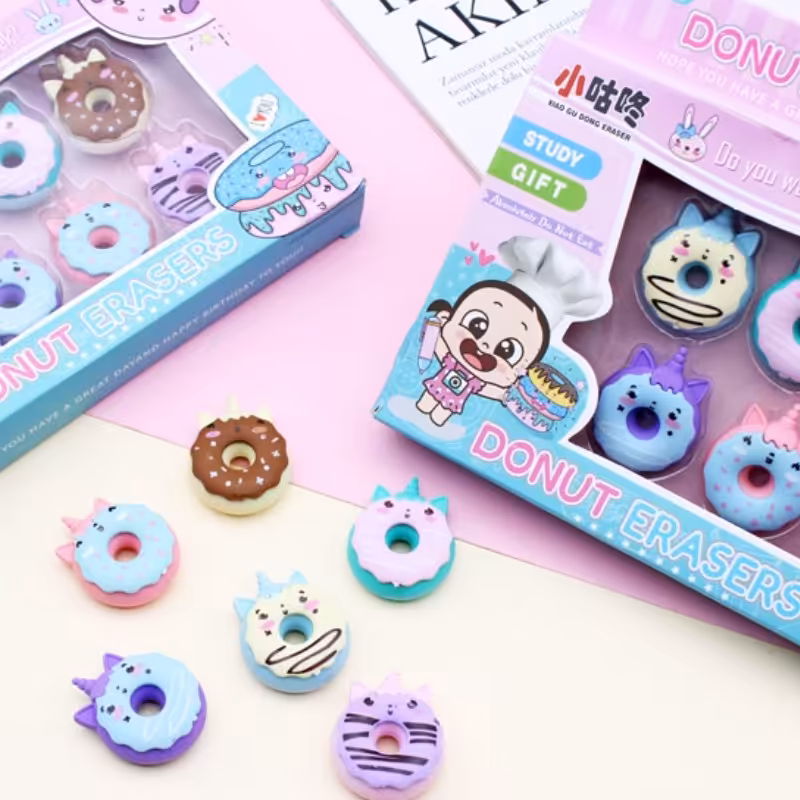 پک پاکن 6 عددی طرح  دونات تک شاخ فانتزی مینی پاک کن فانتزی بسته 6 تایی طرح دونات یونیکورنی 