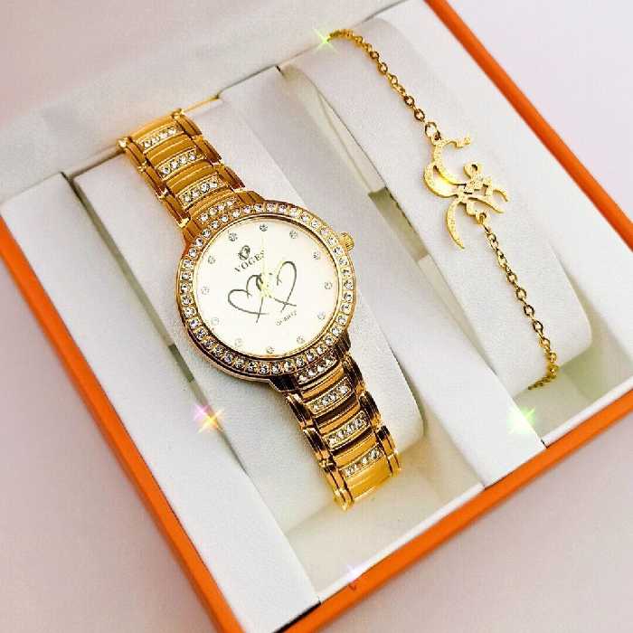 ست ساعت زنانه طلایی صفحه سفید 