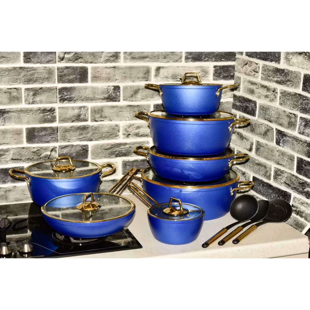 سرویس قابلمه 17 پارچه فلورا گرانیتی برند KZP رنگ آبی 