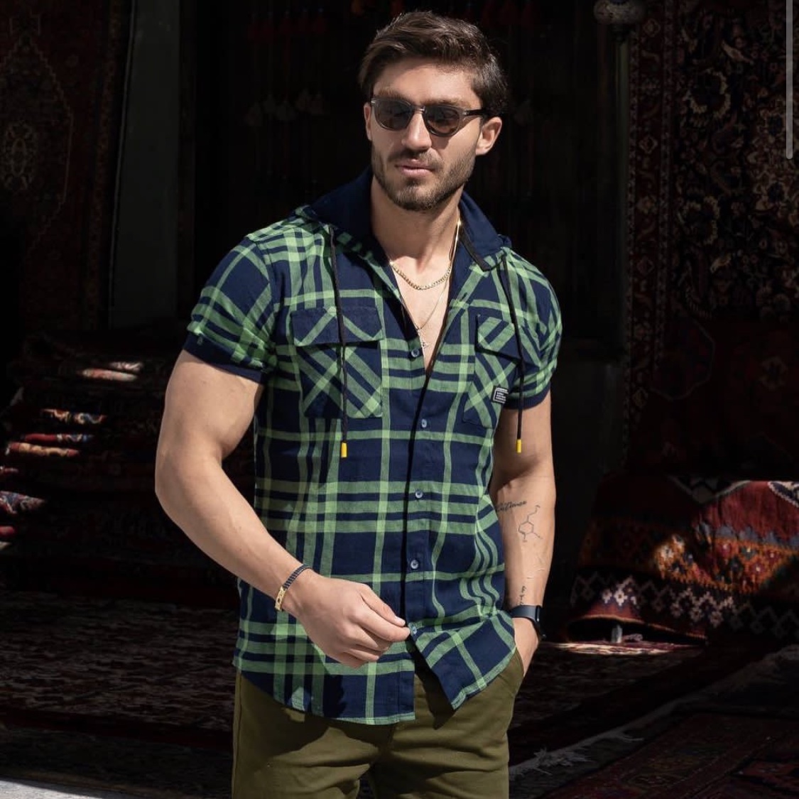 پیراهن چهارخانه کنف کلاه دار