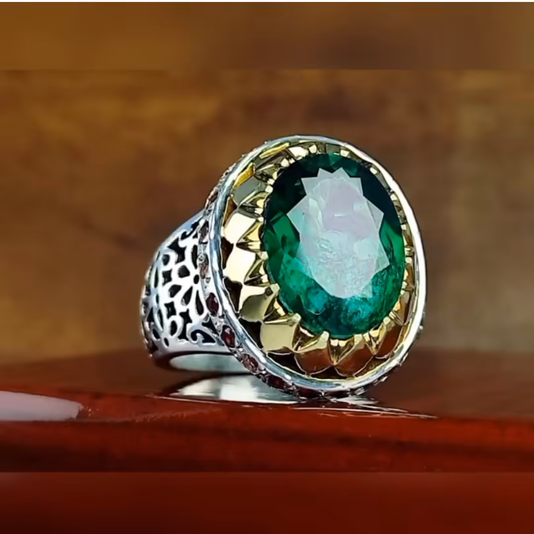انگشتر فوق العاده شیک وجواهری توپاز سبز اصلی رکاب دست ساز شبکه ومخراجی گارنت اصلی