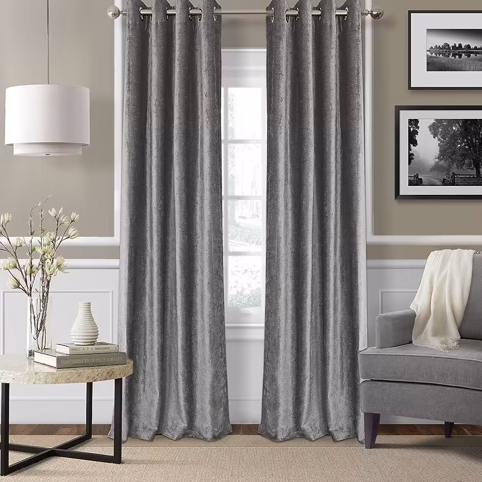 پرده پنل آماده مخمل شانل پانچ  فلزی رنگ طوسی روشن دو تکه ارسال یک روزه و رایگان