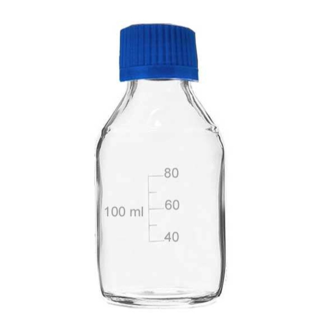بطری شیشه ای آزمایشگاهی ایرانی مدل در آبی ظرفیت 100 میلی لیتر blue cap