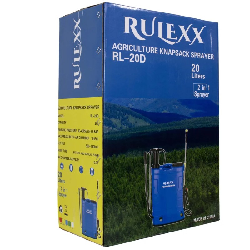 سم پاش 20 لیتری RULEXX - جنس پلی اتیلن - دوکاره دستی و باطری - باطری 12 ولت 8 آمپر - فشار 015 تا 04 