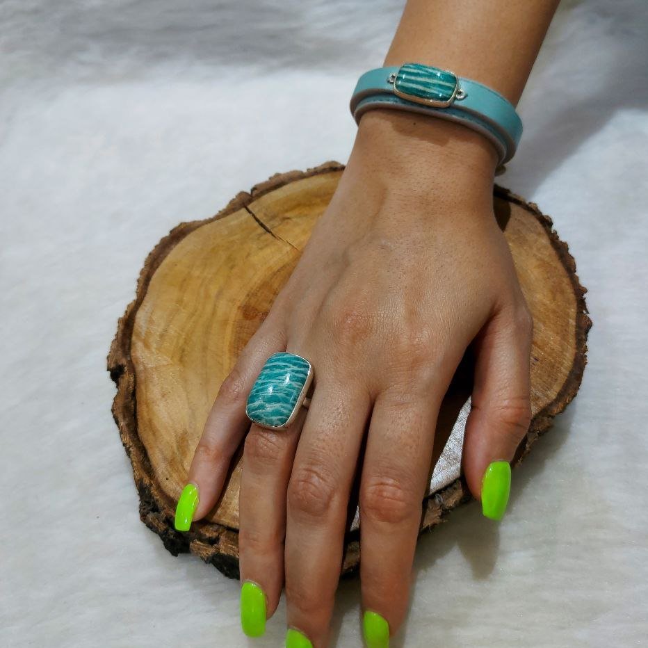 ست انگشتر و دستبند سنگ طبیعی آمازونیت با چرم و نقره