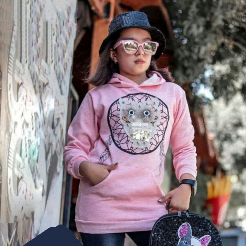 هودی تک دخترانه جیب دار طرح جغد،  پارچه ملانژ داخل کرک اعلا