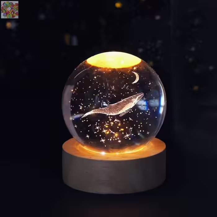 چراغ خواب وارداتی مدل گوی کریستالی سه بعدی طرح نهنگ و ماه