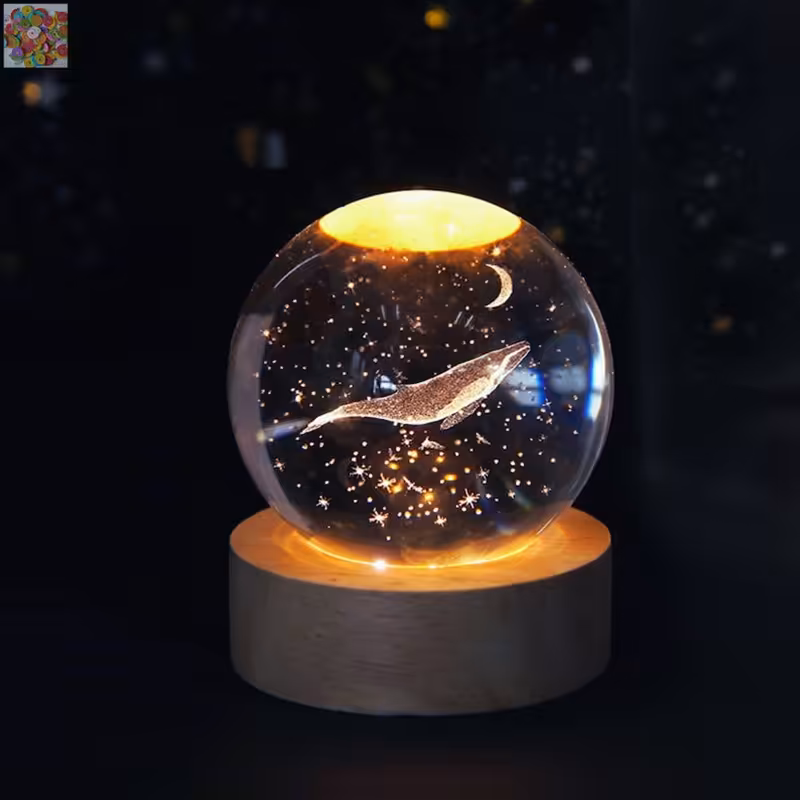 چراغ خواب وارداتی مدل گوی کریستالی سه بعدی طرح نهنگ و ماه