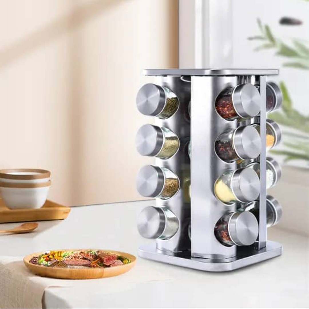 جاادویه چرخشی استیل 16 تایی با طرح استیل و ترکیب چوب و استیل(جا ادویه)