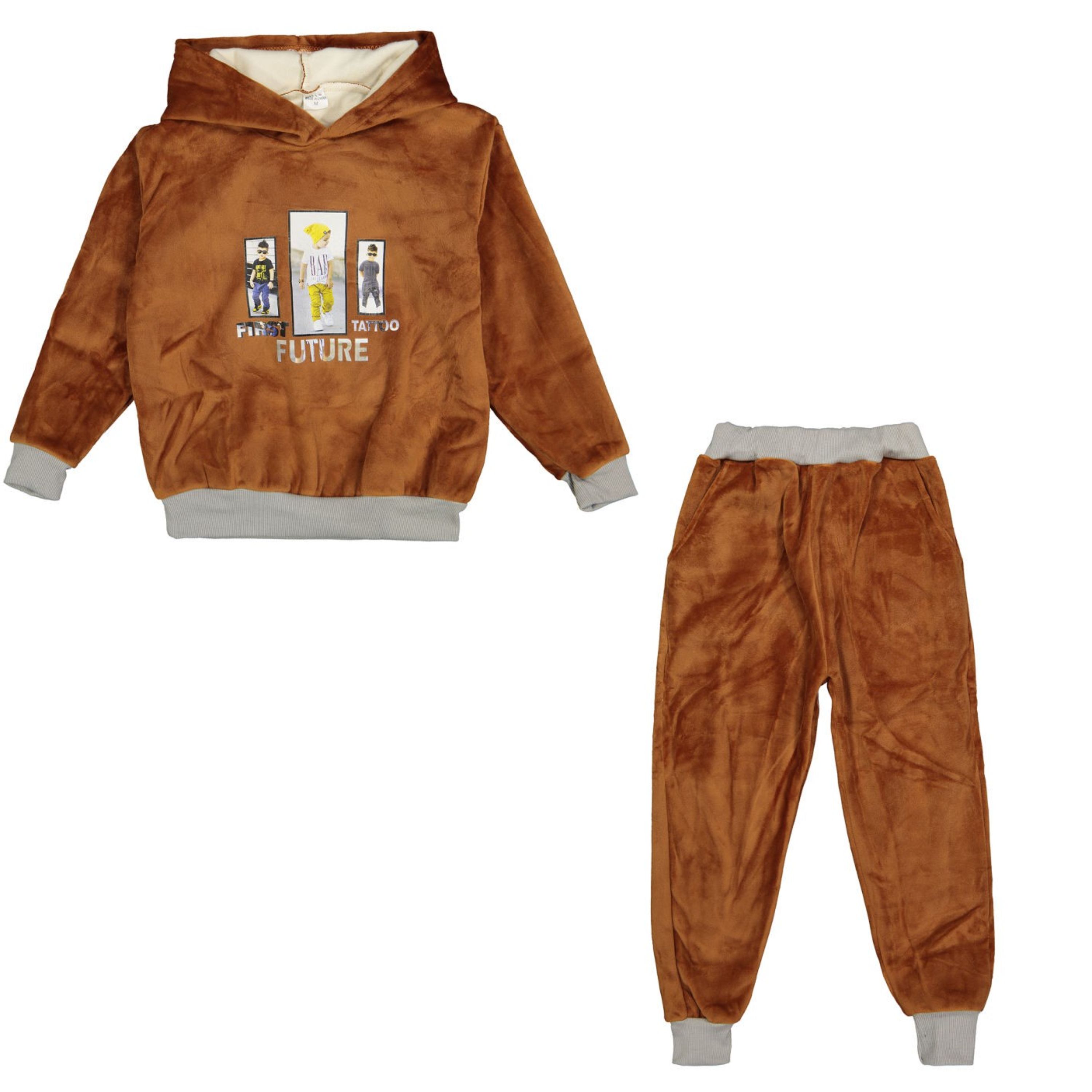 هودی و شلوار مخمل  کلاه دار پسرانه عسلی