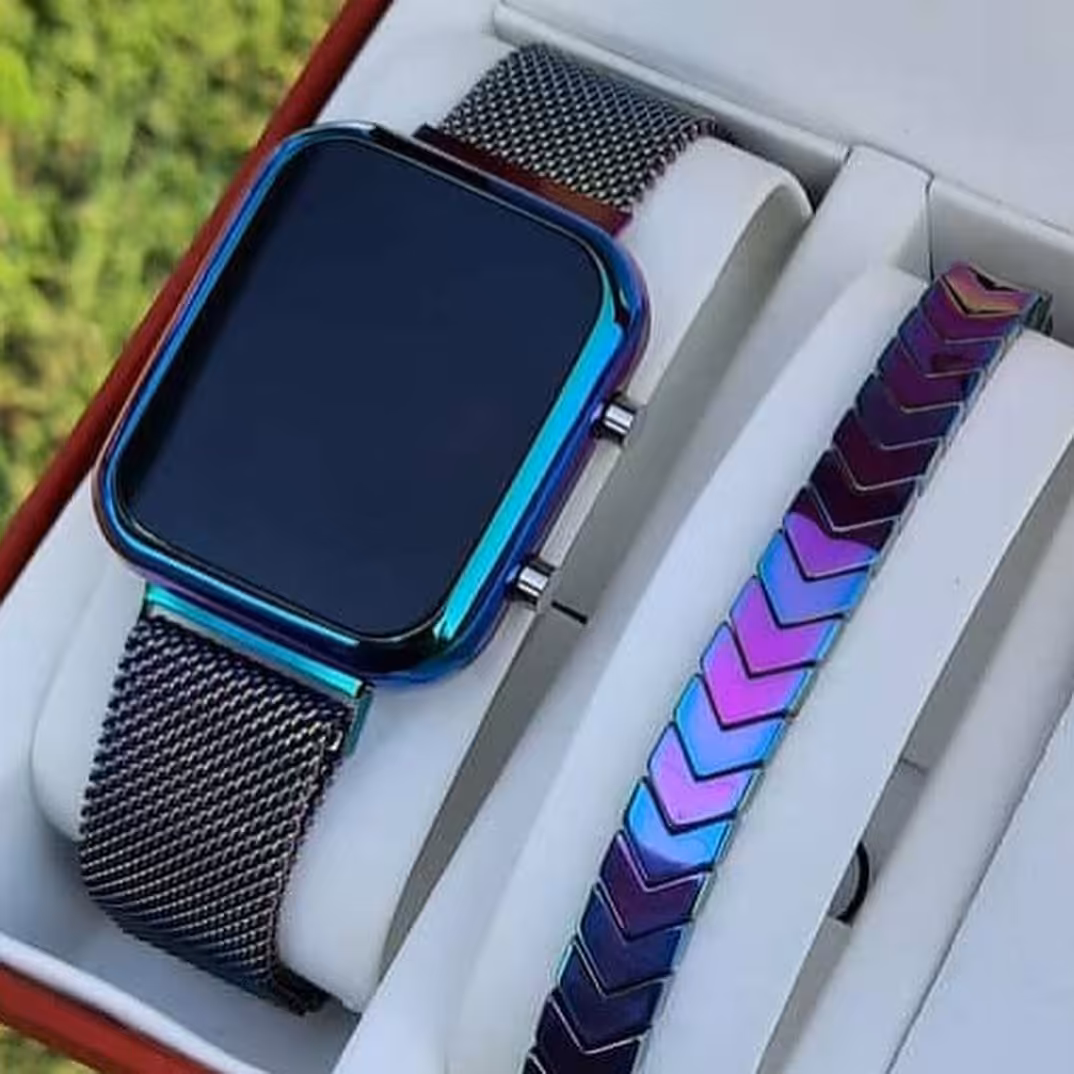 ساعت زنانه و مردانه هولوگرامی طرح اپل واچ همراه دستبند و جعبه