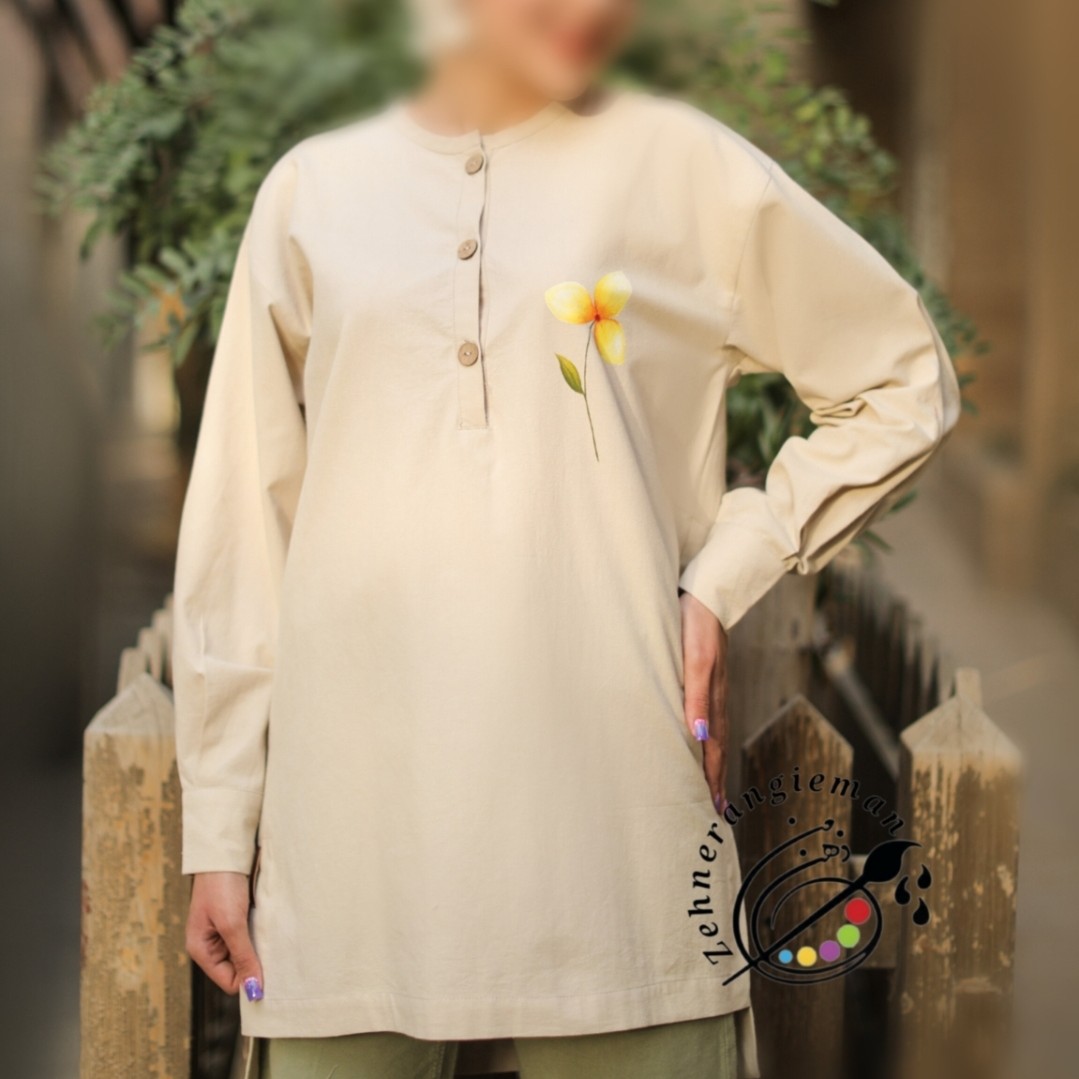 تونیک لینن شسته شده بدون آبرفت رنگ کرم استخوانی نقاشی شده 