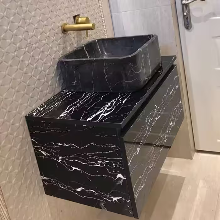 روشویی کابینتی مدل الیناز طرح سرامیک رنگ مشکی همراه کاسه سنگی ارسال به سراسر ایر
