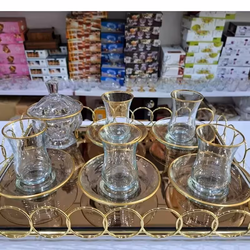 استکان کمرباریک ونعلبکی زیراستکان لب طلا 6عددی