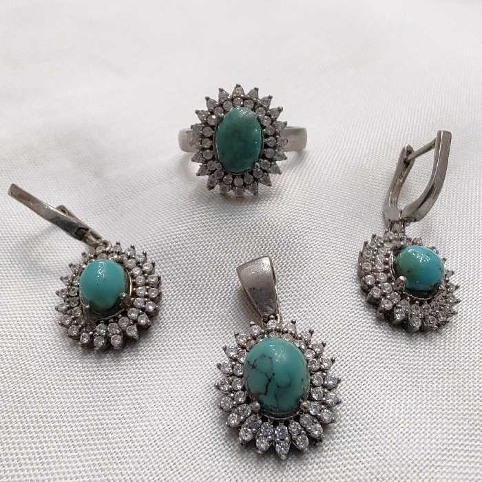 اکسسوری زنانه نیم ست نقره با سنگ فیروزه دامغان