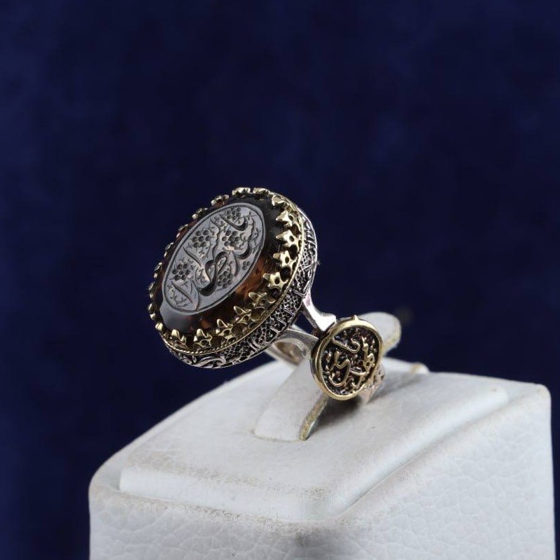 انگشتر نقره مردانه کوارتز دودی رکاب تاج برنجی نقش یاسیدالشهدا اصل