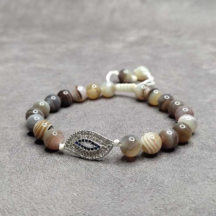 دستبند سنگ عقیق بوتسوانا به همراه سواروسکی چشم زخم