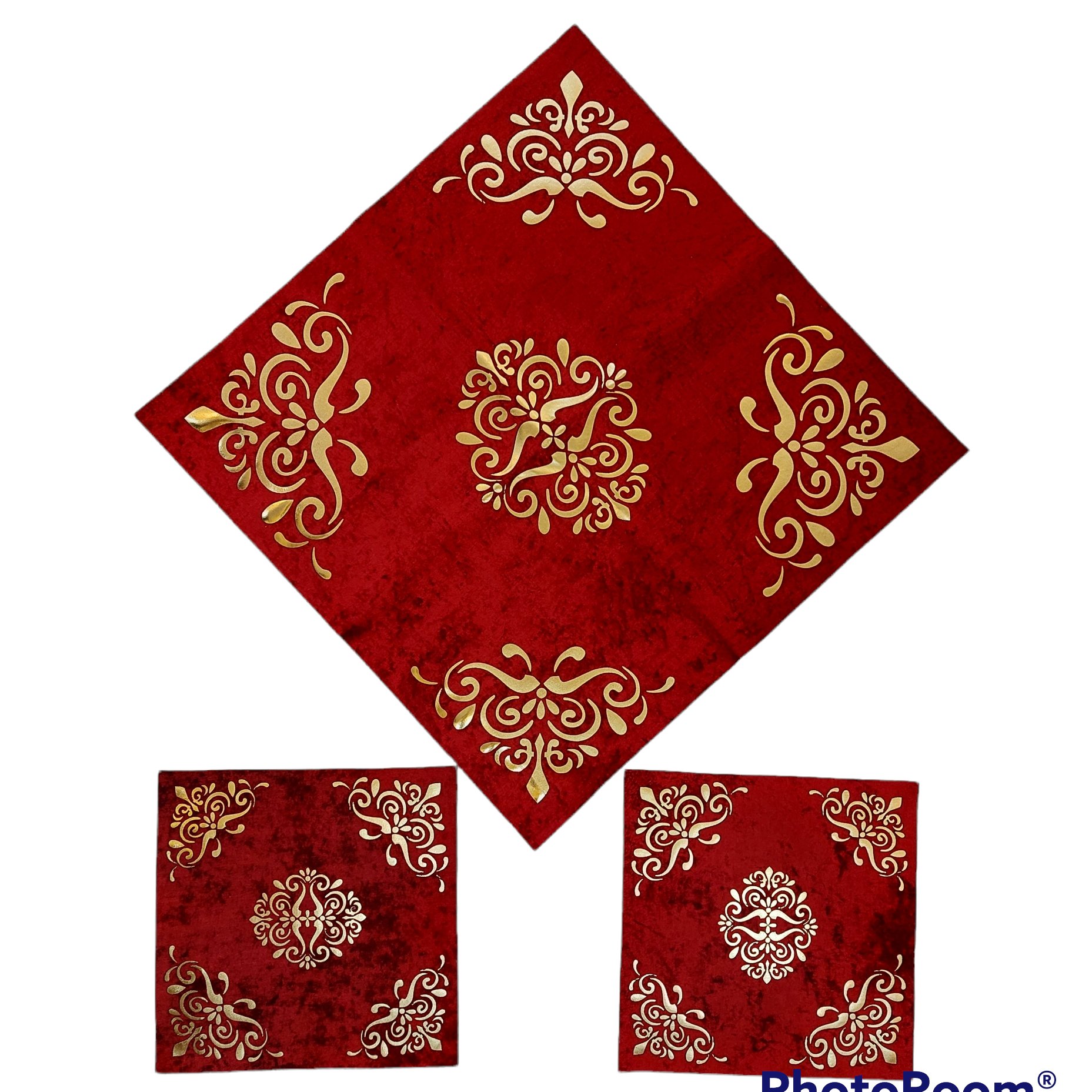 رومیزی مربع سه تکه مخمل ابر و بادی طرح داماس