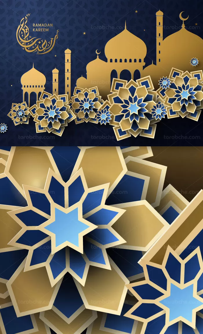 وکتور طرح رمضان کریم با المان های مسجد و گل های طلایی - گرافیک با طعم ترب