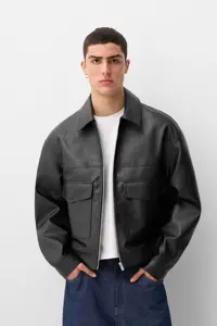 کت مشکی مردانه سیاه ژاکت چرمی مصنوعی برشکا اورجینال Bershka