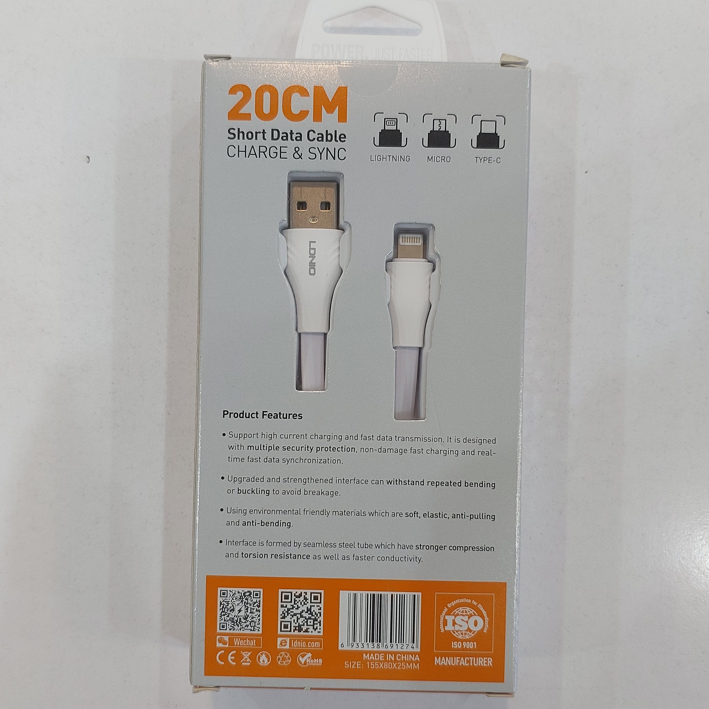 کابل شارژر آیفون LIGHTNING الدینیو LDNIO مدل LS550 متراژ 20 سانتی متر