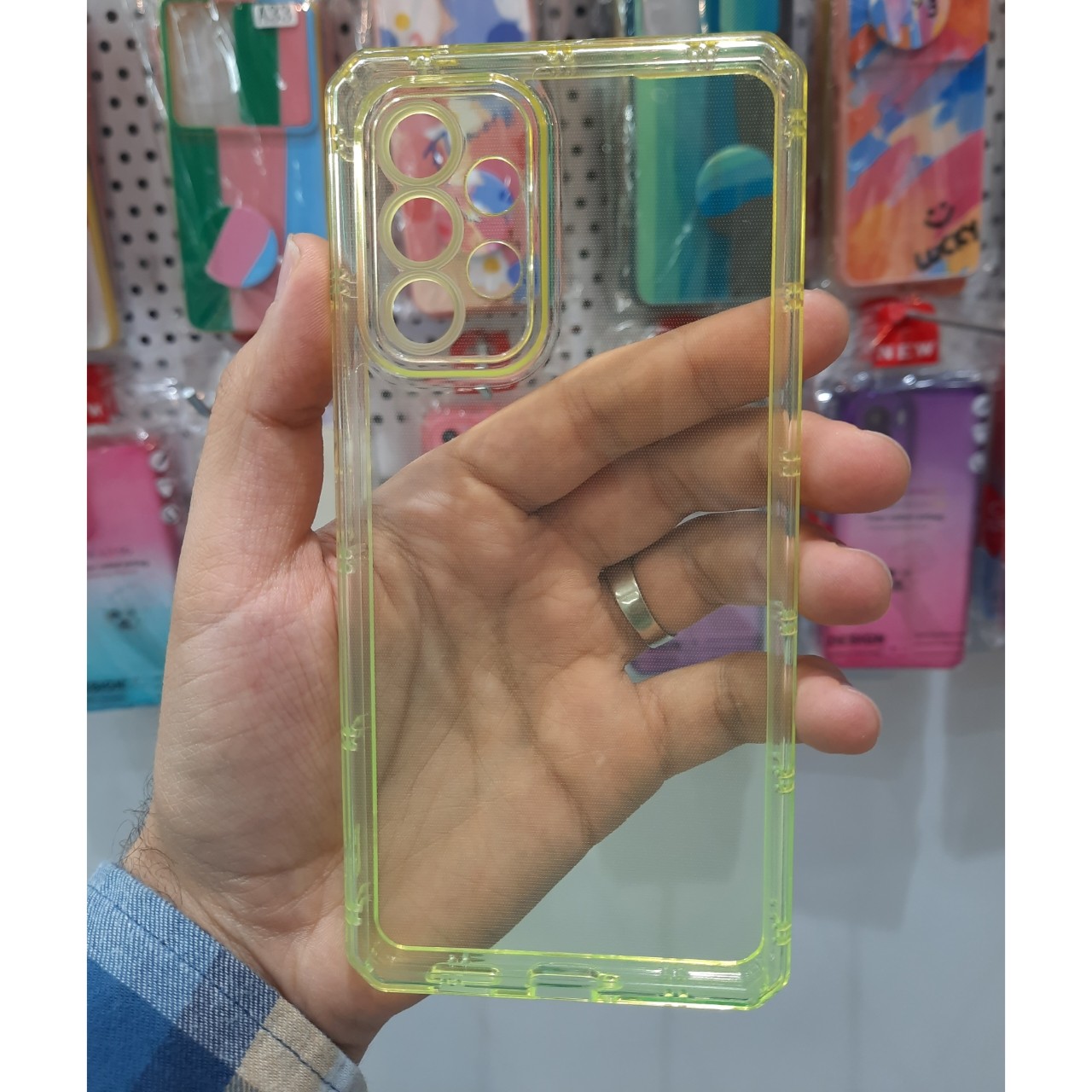 کاور سامسونگ A53 شیشه ای دو رنگ ایربگ دار  و محافظ دوربین دار  زرد