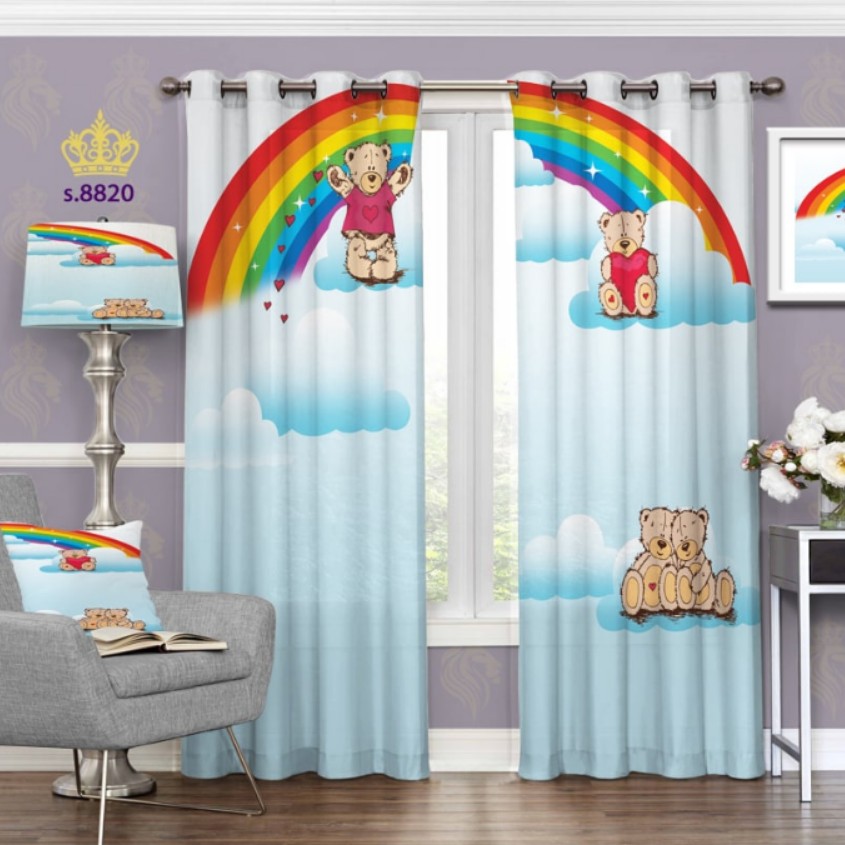 پرده اتاق کودک  دو قواره پانچ آماده طرح خرس رنگین کمان  کد S8820
