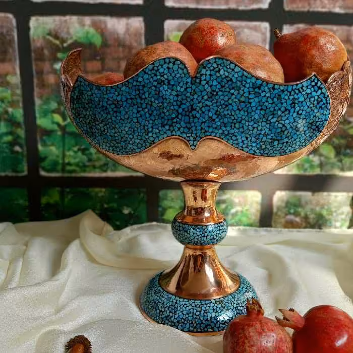 کشکول  فیروزه کوبی خاص با قلمزنی گل و مرغ