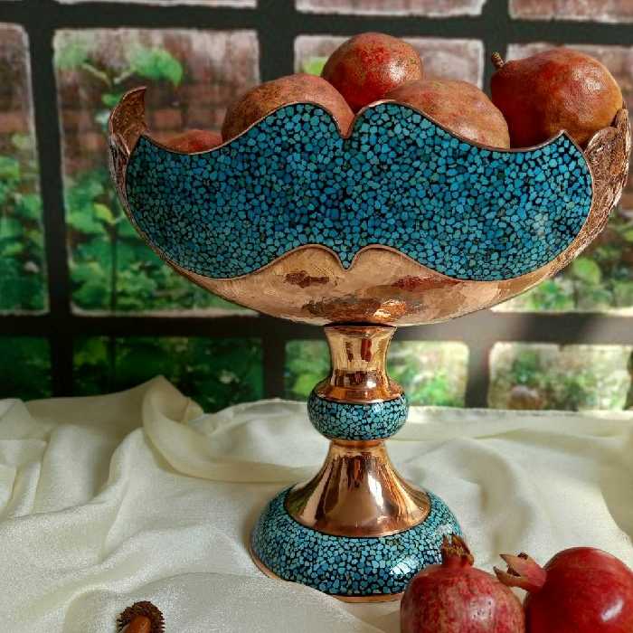 کشکول  فیروزه کوبی خاص با قلمزنی گل و مرغ