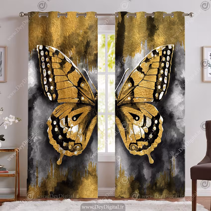 پرده پانچ مخمل طرح پروانه زرد بزرگ PK-5382