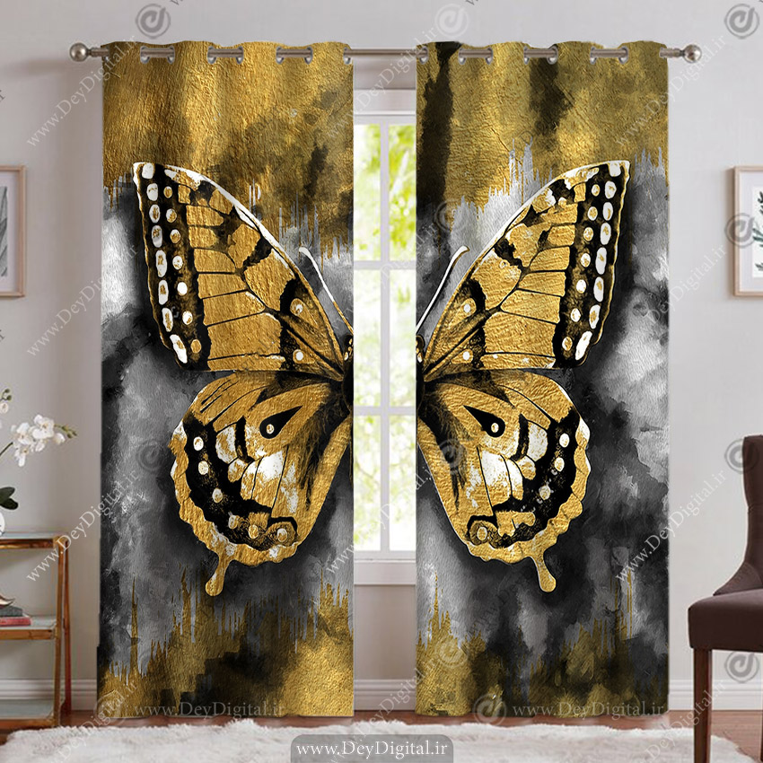 پرده پانچ مخمل طرح پروانه زرد بزرگ PK-5382