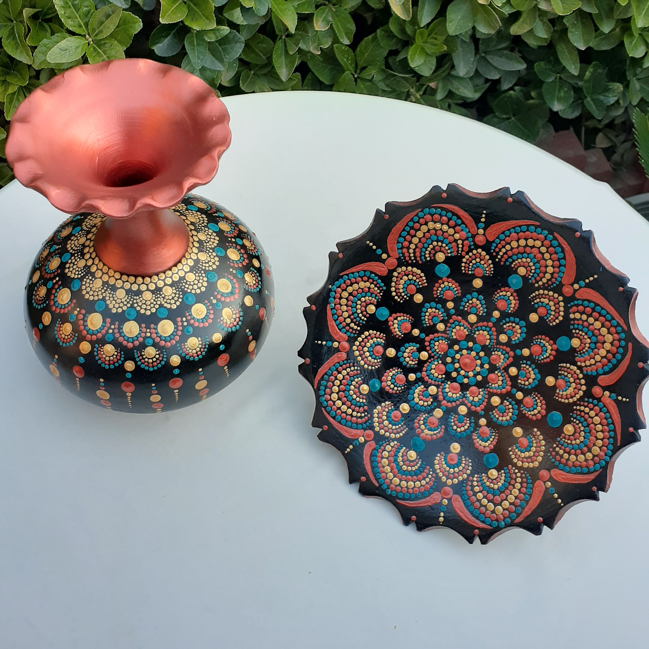 گلدان و زیره سفالی طرح دات ماندالا