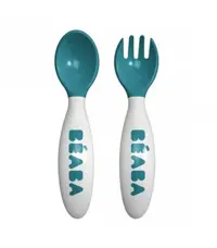 ست 2 عددی قاشق چنگال رده سنی2 ب آ با آبی Beaba 2nd Stage Ergonomic Baby Cutlery Peacock