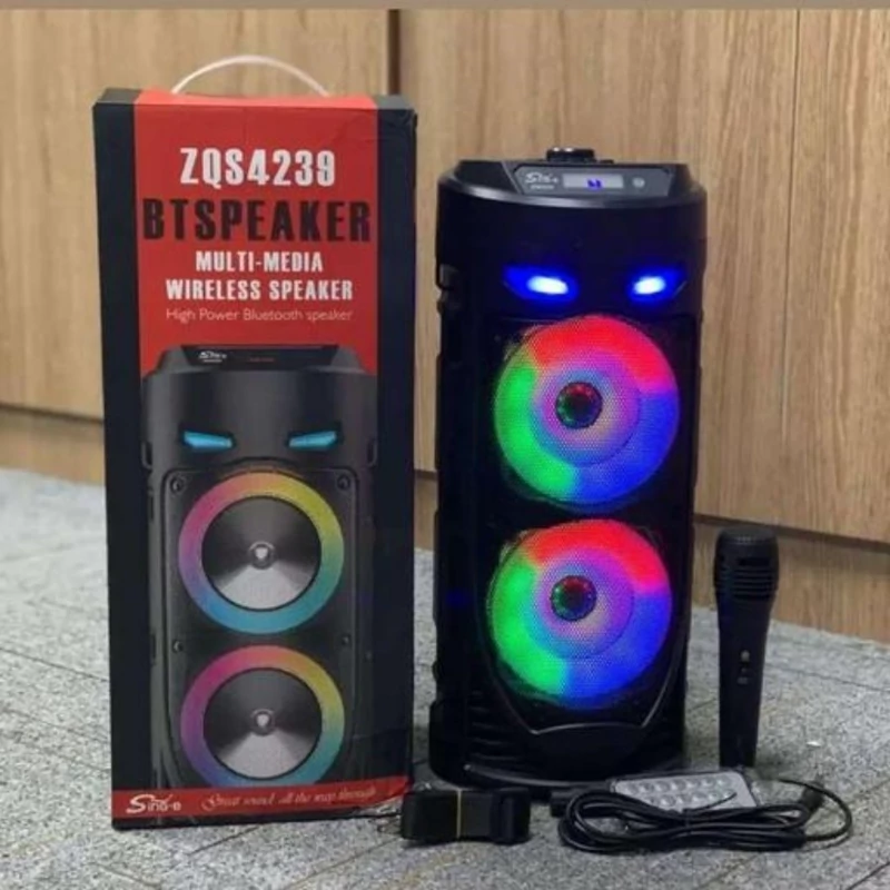 اسپیکر بلوتوثی اسپیکر بیسیم دوبل باند 8 اینچ طراحی زیبا و خاص دارای میکروفون و ریموت و رقص نور متنوع