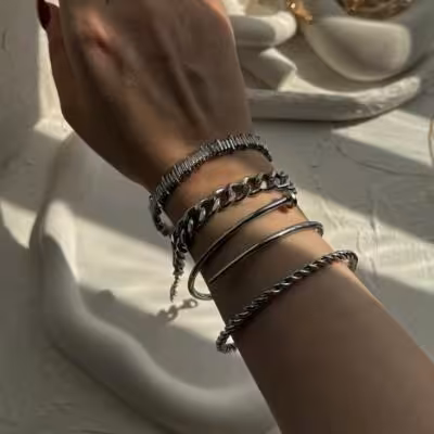 پک 4تایی دستبند بنگل نقره ای استیل میخ