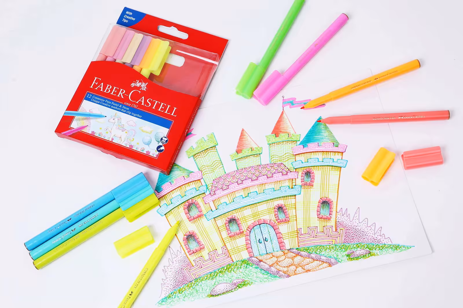 ماژیک نقاشی 12 رنگ پاستلی و نئونی درچسبان فابر کاستل