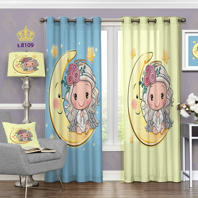 پرده اتاق کودک دو قواره پانچ آماده طرح دختر و ماه زرد آبی کدS8109