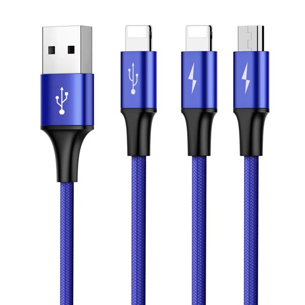 کابل شارژ 3 سر میکرو , لایتنینگ و تایپ سی باسئوس Baseus Rapid Series 3-in-1 Cable Micro Lightning Type-C 3A 12M Dark Blue