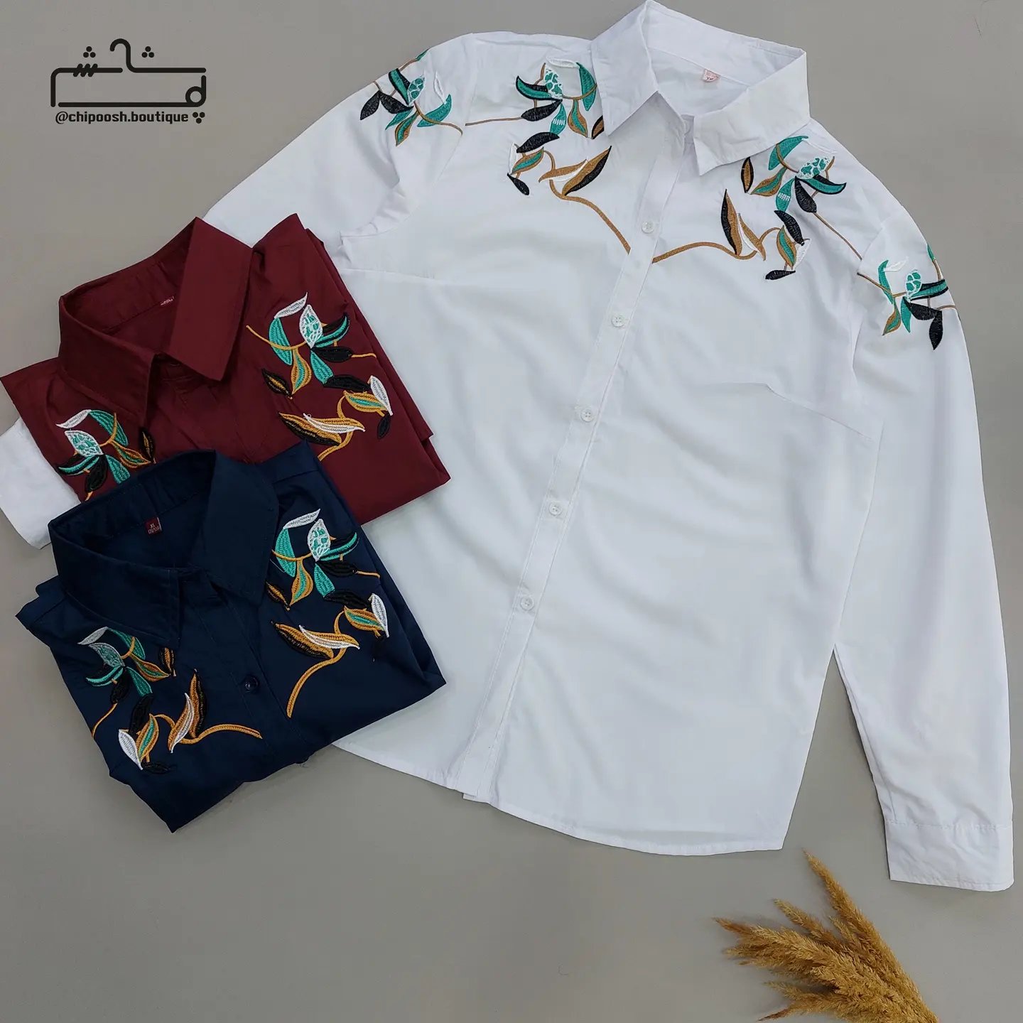 شومیز وارداتی گلدوزی آستین بلند یقه دار