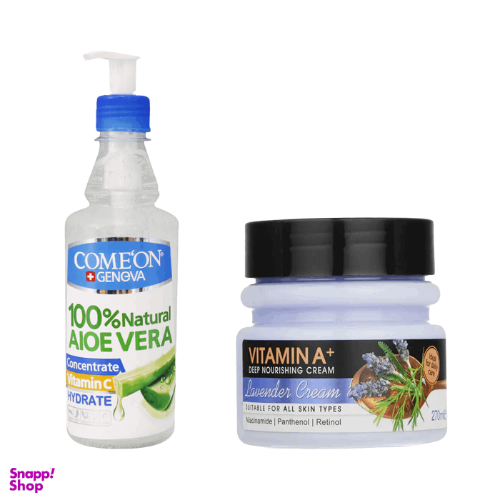 ژل آبرسان کامان مدل آلوئه ورا حجم 400 میلی‌ لیتر به همراه کرم مرطوب کننده دافی مدل lavender حجم 270 میلی لیتر