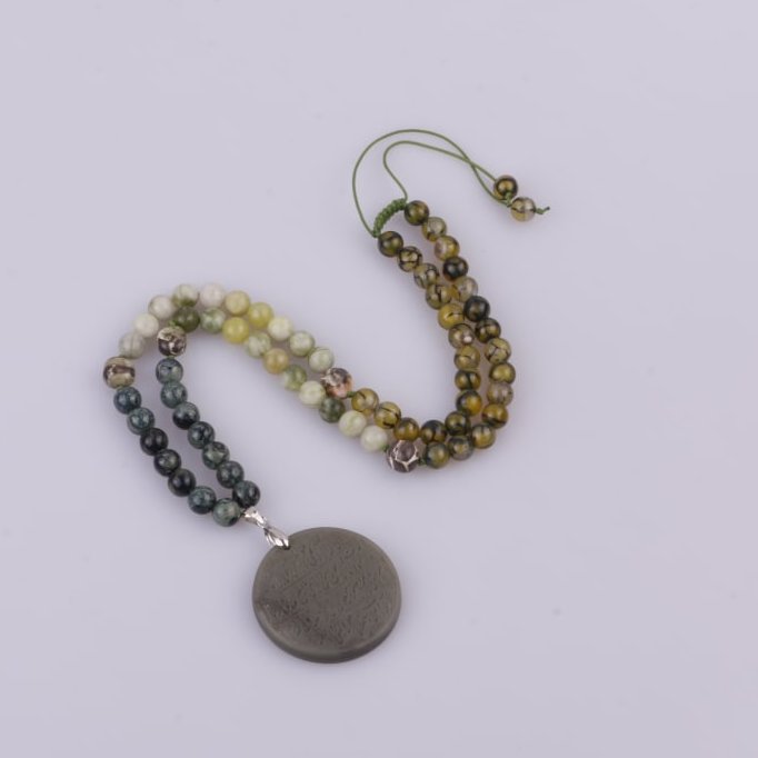 گردنبند عقیق دراگون ، یشم و کام بابا جاسپر با آویز یشم با حکاکی آیت الکرسی